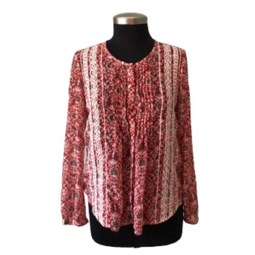 Lucky Brand Floral Peasant Blouse Red Button Down Embroidered Sheer Size…